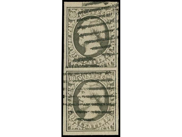 10 c. grey-black, vertical pair with good to very large margins, neatly cancelled by circle of 9 bars, very fine, signed Goeb