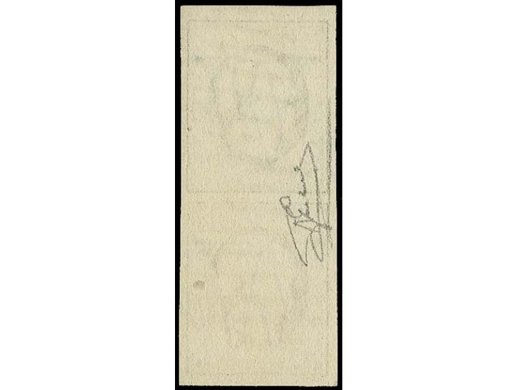 10 c. grey-black, vertical pair with good to very large margins, neatly cancelled by circle of 9 bars, very fine, signed Goeb