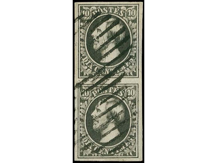 10 c. deep black, vertical pair with large margins, the upper stamp with hair included in the paper, cancelled by circle of 9