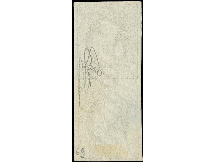 10 c. deep black, vertical pair with large margins, the upper stamp with hair included in the paper, cancelled by circle of 9