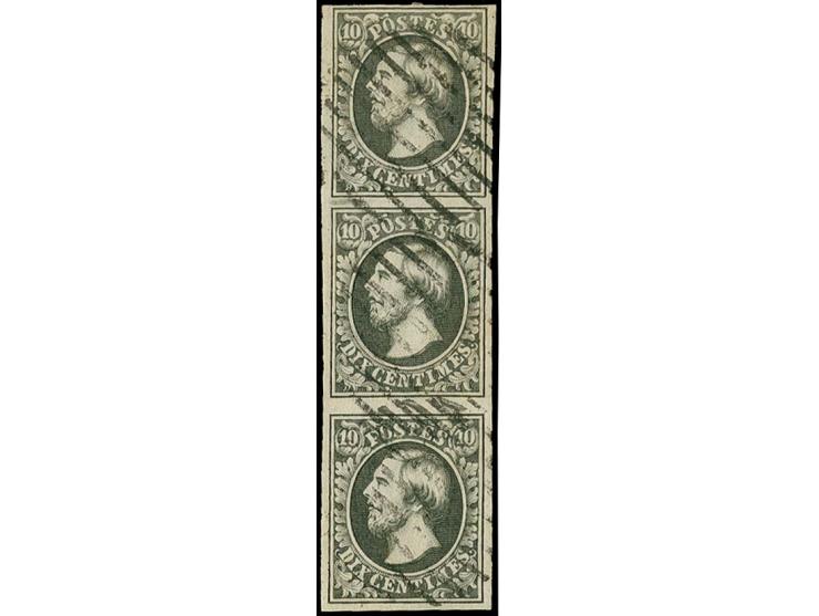 10 c. black, vertical strip of 3, ample to wide margins, cancelled by circle of 9 bars, tiny natural pin hole in the lower le
