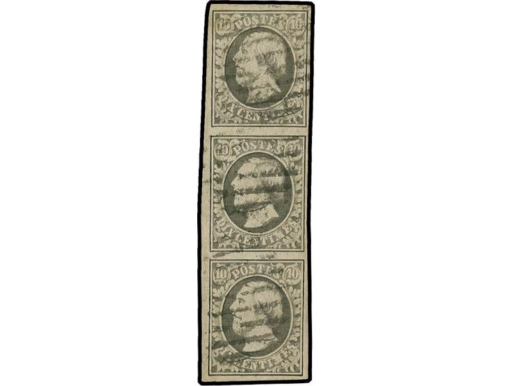 10 c. grey-black, vertical strip of 3 with ample to large margins, used with circle of 9 bars, fine, signed Goebel