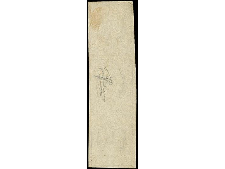 10 c. grey-black, vertical strip of 3 with ample to large margins, used with circle of 9 bars, fine, signed Goebel