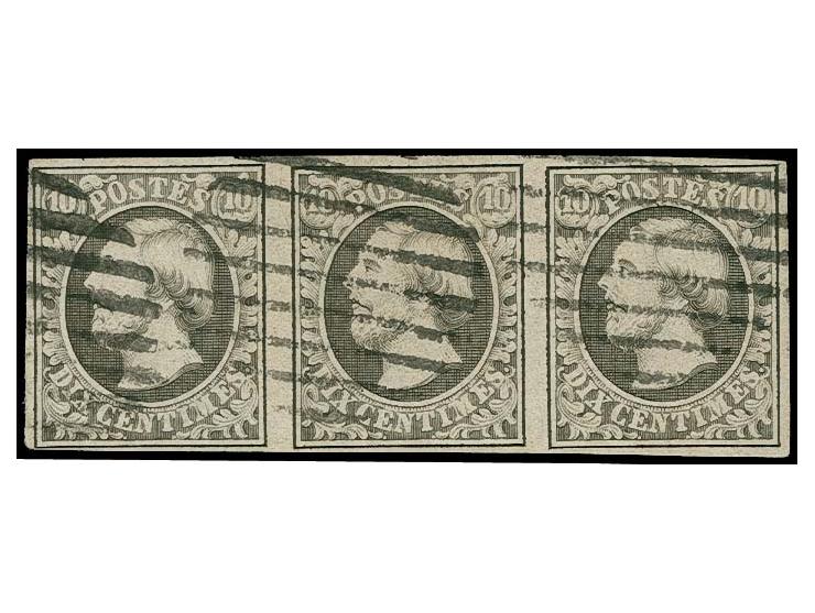 10 c. grey-black, horizontal strip of 3, clear at lower left, otherwise ample to good margins, used with circle of 9 bars, fi