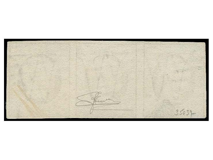 10 c. grey-black, horizontal strip of 3, clear at lower left, otherwise ample to good margins, used with circle of 9 bars, fi