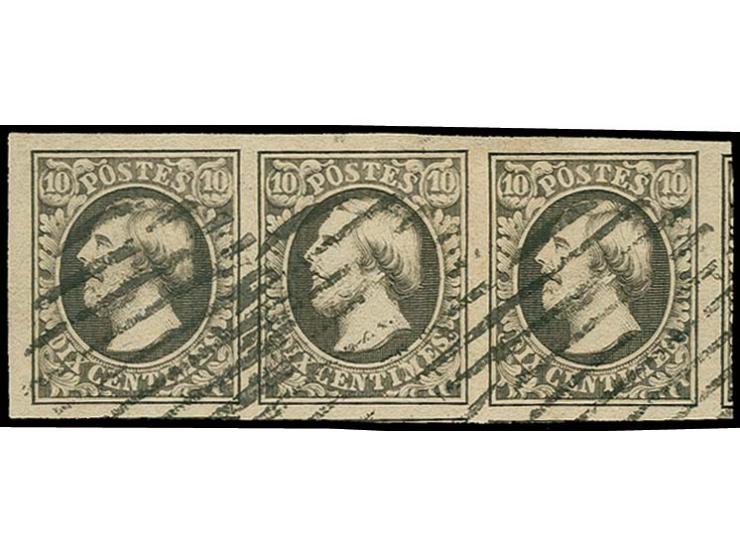 10 c. black, horizontal strip of 3 with enormous margins all around, parts of 4 neighbour stamps at right and bottom, cancell