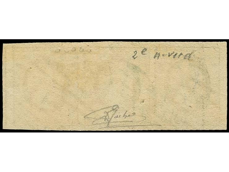 10 c. black, horizontal strip of 3 with enormous margins all around, parts of 4 neighbour stamps at right and bottom, cancell