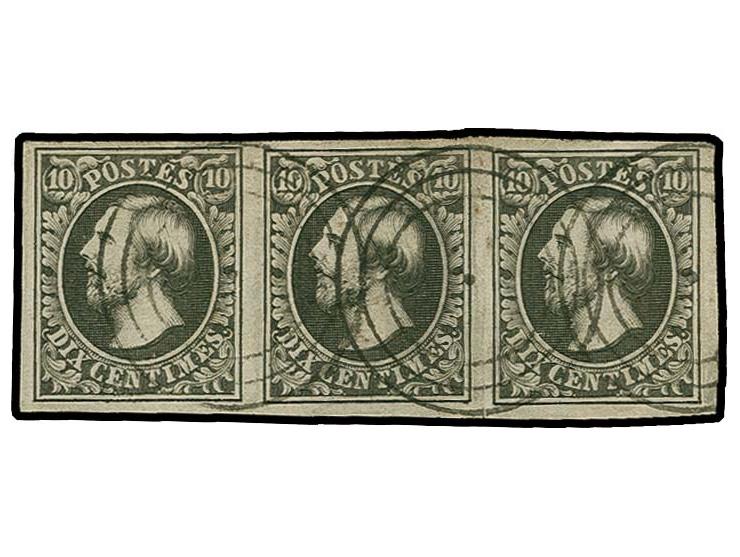 10 c. black in horizontal strip of 3, the right stamp with variety "Horizontal stroke in the upper right ornament" ('Griffe d