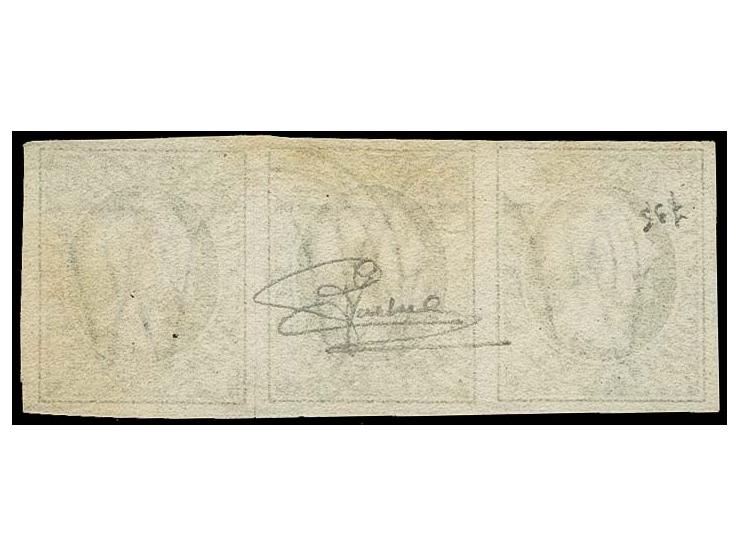 10 c. black in horizontal strip of 3, the right stamp with variety "Horizontal stroke in the upper right ornament" ('Griffe d