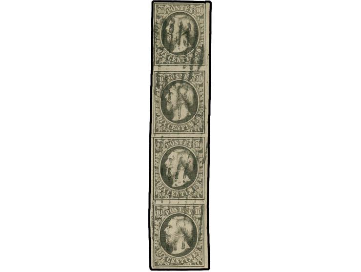 10 c. black, vertical strip of 4, just touched at upper right, otherwise full to wide margins, 2nd stamp from bottom tiny spo