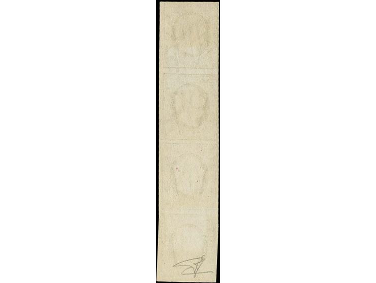 10 c. black, vertical strip of 4, just touched at upper right, otherwise full to wide margins, 2nd stamp from bottom tiny spo