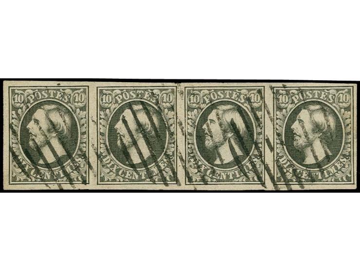 10 c. greenish-black, horizontal strip of 4, good to large margins and neatly cancelled by circle of 9 bars, very fine, signe