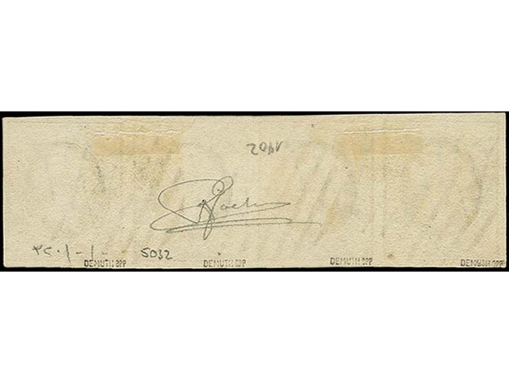 10 c. greenish-black, horizontal strip of 4, good to large margins and neatly cancelled by circle of 9 bars, very fine, signe