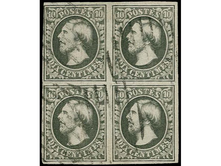 10 c. black in bloc of 4, nice colour and good to large margins all around, used with lightly applied circle of 9 bars of Lux