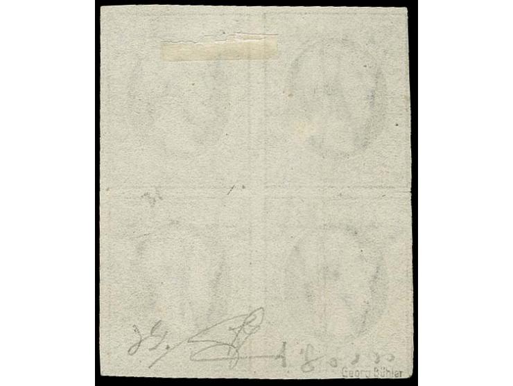 10 c. black in bloc of 4, nice colour and good to large margins all around, used with lightly applied circle of 9 bars of Lux