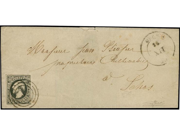 10 c. black, ample to good margins, tied by clear circle to lettersheet with adjacent cds. of Mersch to Schos, fine, signed G