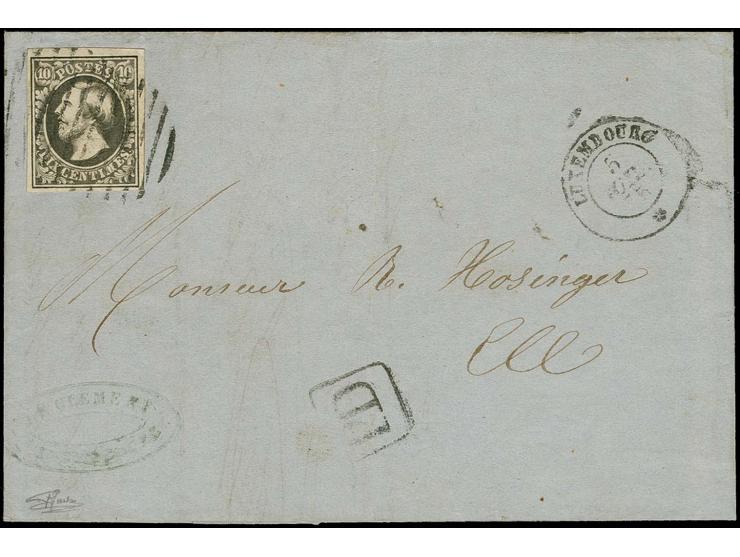 10 c. black, good to wide margins, tied by circle of 9 bars to lettersheet with adjacent cds. "LUXEMBOURG 5 JUIL. 55" to Ell,