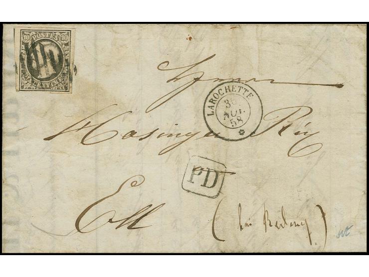 10 c. black, clear at lower left, otherwise good to very large margins, tied by square of bars to entire letter (not quite co