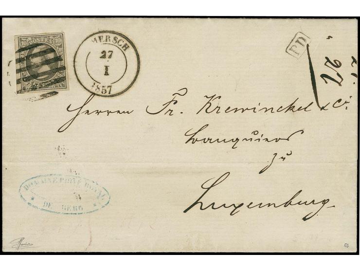 10 c. grey-black, good to large margins all around, tied by clear circle of bars with adjacent cds. "MERSCH 27 I 1857" to ent