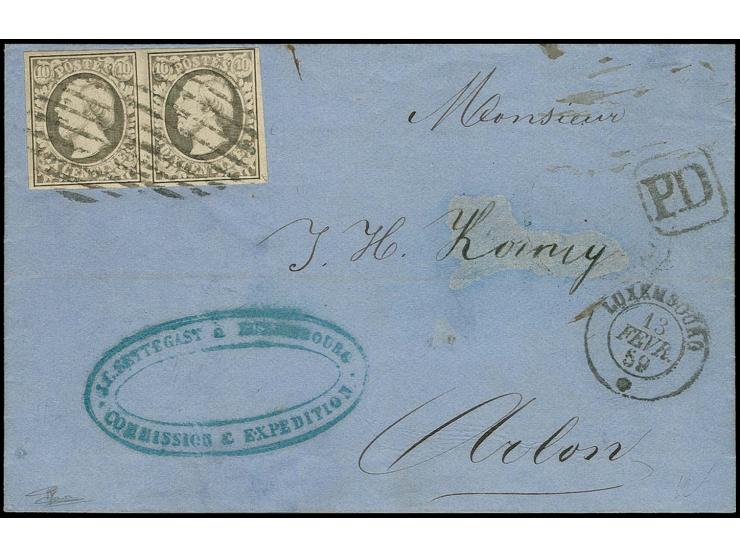 10 c. grey-black, horitzontal pair with clear to mostly large margins, tied by circle of 9 bars to lettersheet from "LUXEMBOU