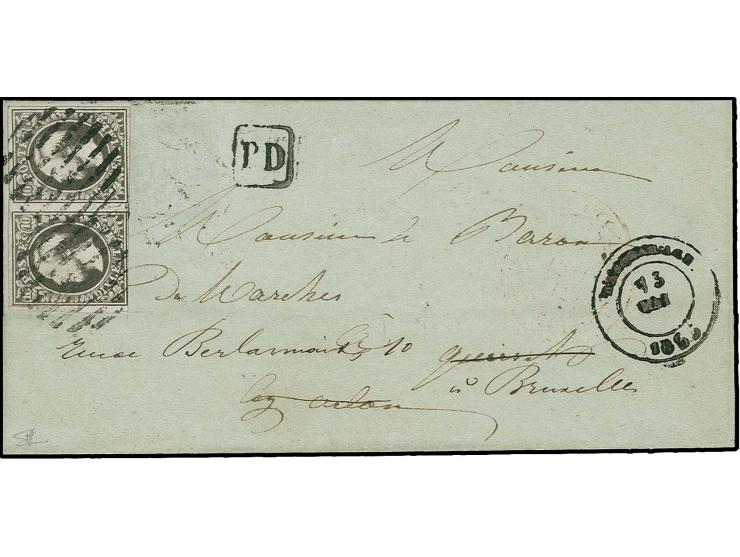 10 c. black, horizontal pair, the left stamp slightly touched at bottom, otherwise clear to large margins, tied by circle of 