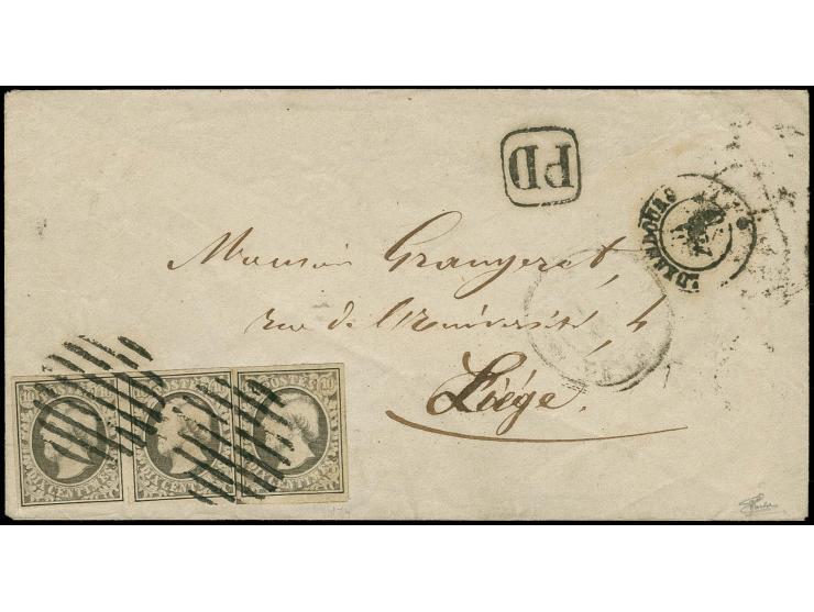 10 c. grey-black, horizontal pair and single stamp, all with good to large margins, tied by clear circles of 9 bars to envelo