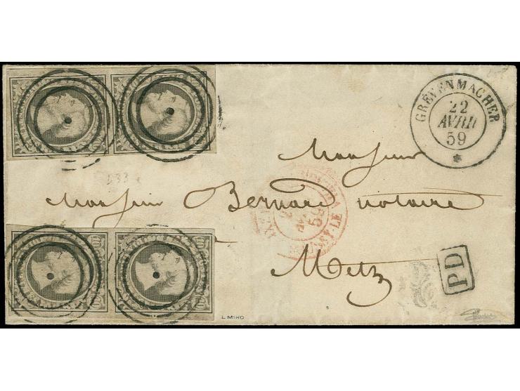10 c. grey, 2 vertical pairs, both with good to mostly large margins, 2 stamps showing "Petite retouche" no. 10 and 8, one st