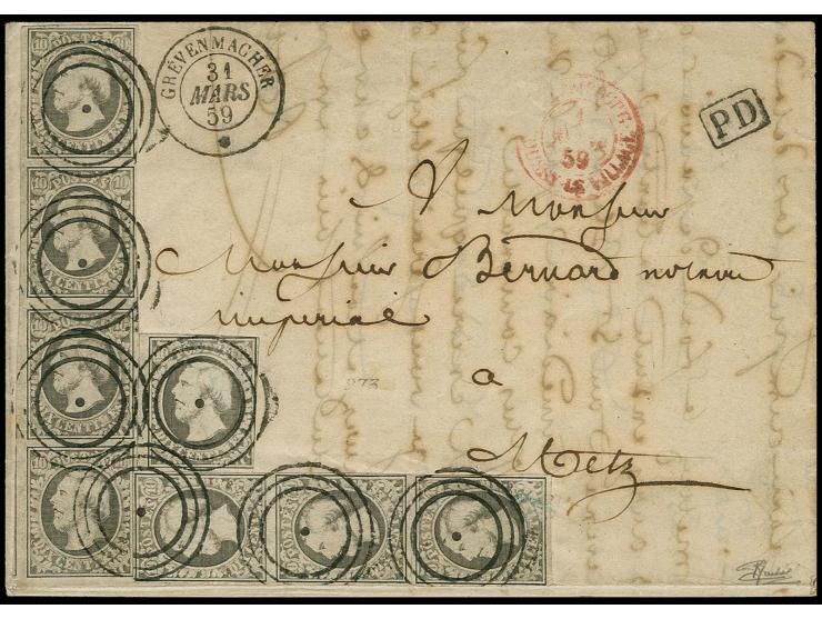 10 c. grey, vertical strip of 4 (bottom stamp with large retouch no. 8), vertical strip of 3 and single stamp, tied by severa
