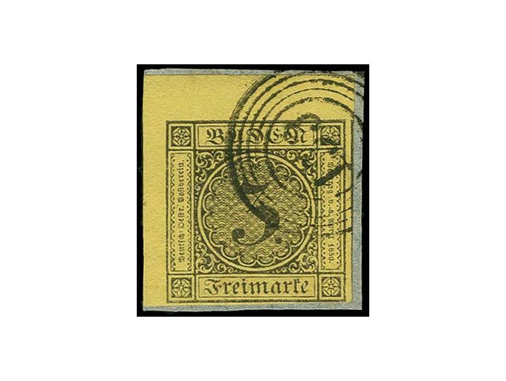 3 Kr. auf gelb, voll- bis breitrandige linke obere Bogenecke mit 3/5 mm Bogenrand, mit Nr. "153" WALDSHUT auf kleinem Briefst