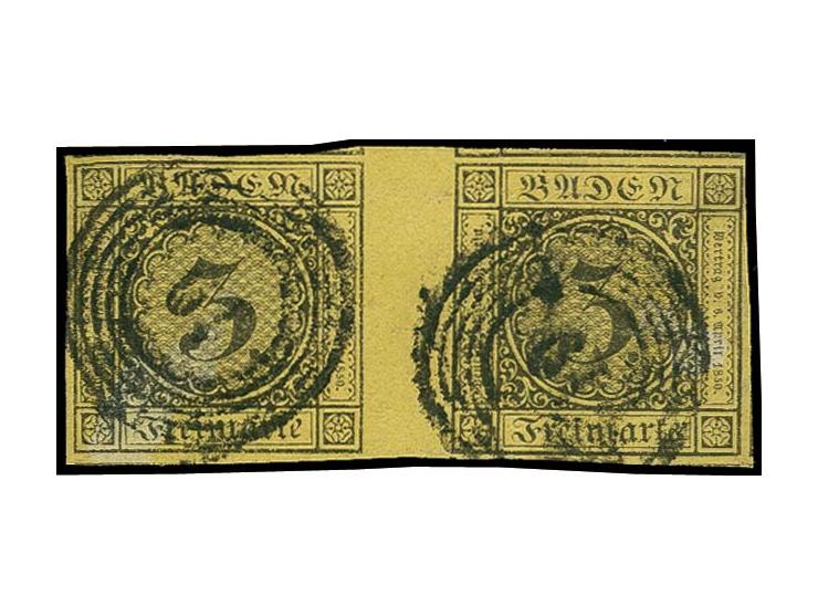3 Kr. auf gelb im waagerechten Zwischenstegpaar, entwertet durch Nr. "19" von Bruchsal; Ränder oben links, rechts und in der 