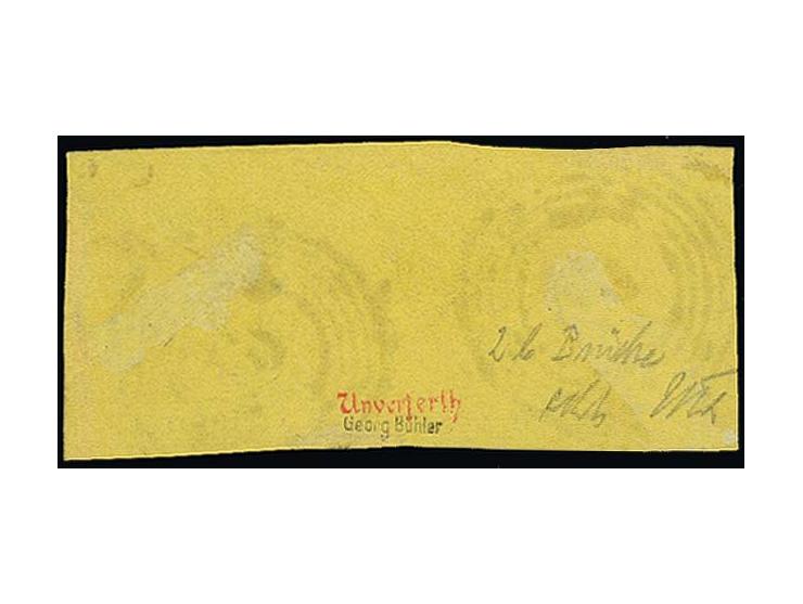 3 Kr. auf gelb im waagerechten Zwischenstegpaar, entwertet durch Nr. "19" von Bruchsal; Ränder oben links, rechts und in der 