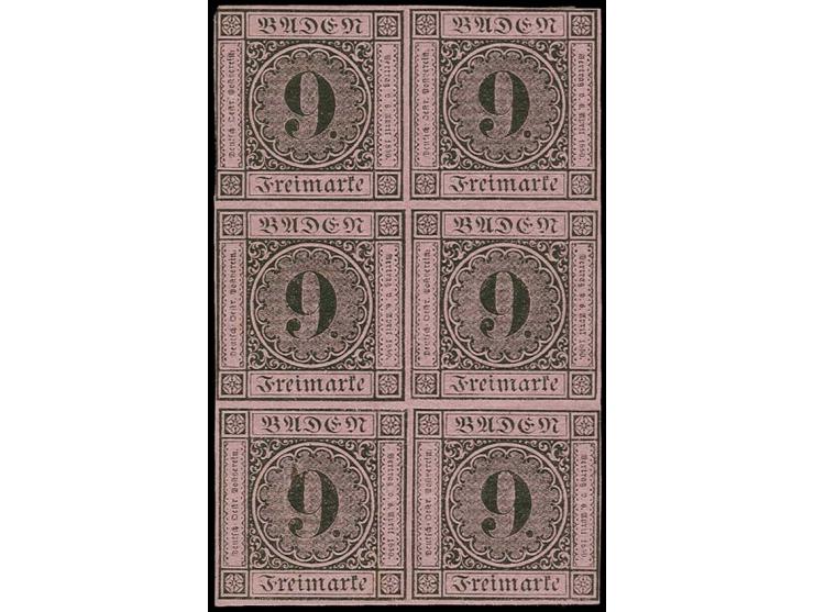 9 Kr. auf lilarosa im senkrechten 6er-Block, die linke obere Marke links leicht berührt, sonst allseits voll- bis breitrandig