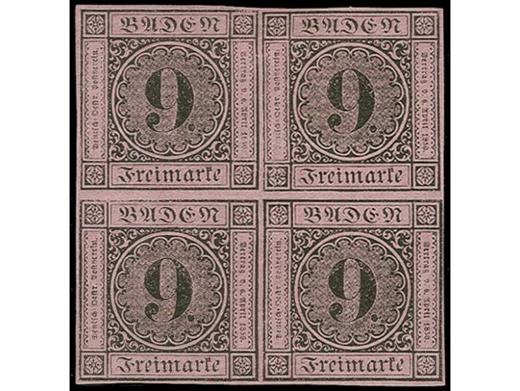 9 Kr. auf lilarosa im 4er-Block, sehr schön farbfrisch und allseits voll- bis breitrandig, ungebraucht mit Originalgummi; gan