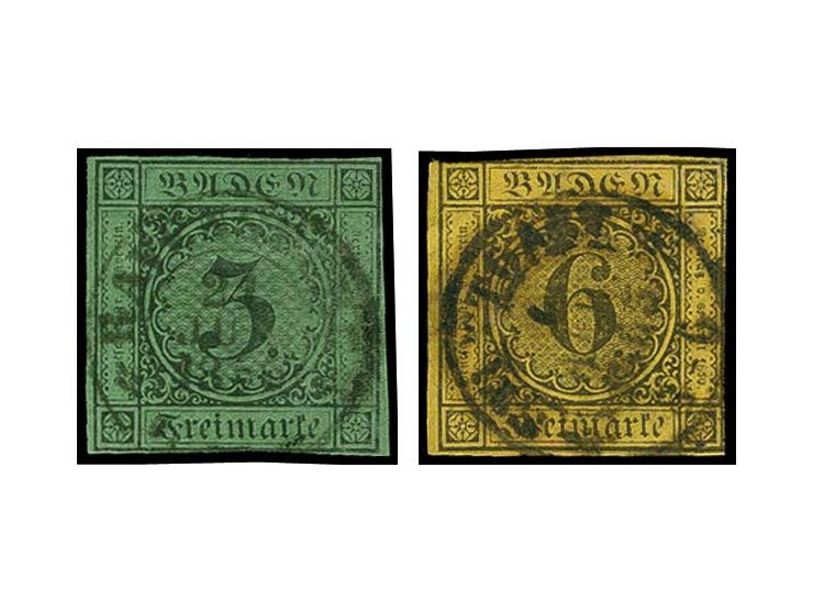 3 Kr. a. grün und 6 Kr. auf gelb, beide mit Fremdentwertung durch zentrisch aufgesetzte württembergische DKr. von Ravensburg 