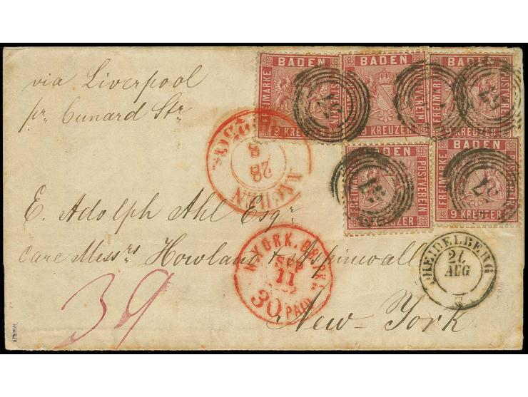 1860/61, 9 Kr. lebhaftrosarot, 5 Einzelwerte in tiefer Farbe und überwiegend gut gezähnt, die linke obere Marke an den oberen
