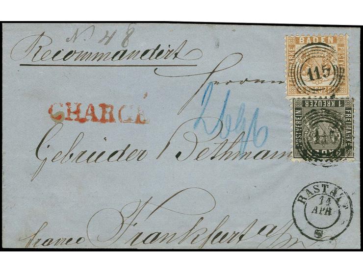 1862/64, 1 Kr. schwarz in Mischfrankatur mit 1862/66, 9 Kr. gelbbraun mit Nr. "115" und nebengesetztem DKr. "RASTATT 14 APR."