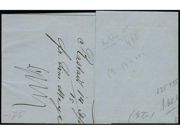 1862/64, 1 Kr. schwarz in Mischfrankatur mit 1862/66, 9 Kr. gelbbraun mit Nr. "115" und nebengesetztem DKr. "RASTATT 14 APR."