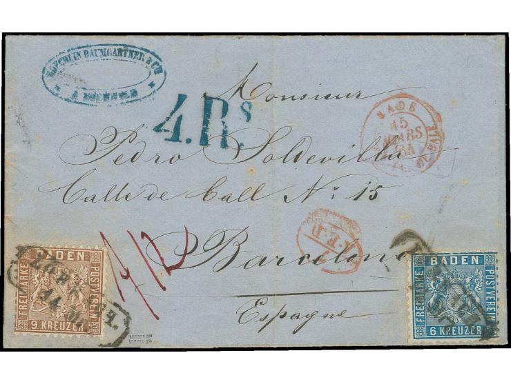 1862, 6 Kr. blau und 9 Kr. dunkelbraun mit jeweils sauber aufgesetztem Ra2 "LÖRRACH 14 Mrz." (1864) auf Faltbrief nach Barcel