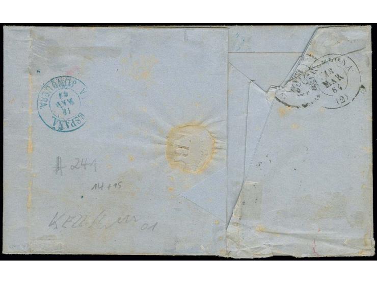 1862, 6 Kr. blau und 9 Kr. dunkelbraun mit jeweils sauber aufgesetztem Ra2 "LÖRRACH 14 Mrz." (1864) auf Faltbrief nach Barcel