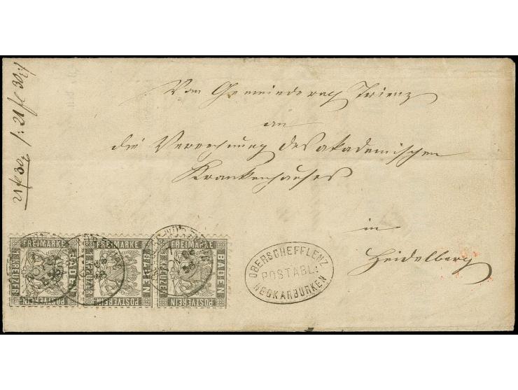 1862, 1 Kr. silbergrau im senkrechten 3er-Streifen, farbfrisch und tadellos erhalten mit dreimal sauber aufgesetztem Bahnpost