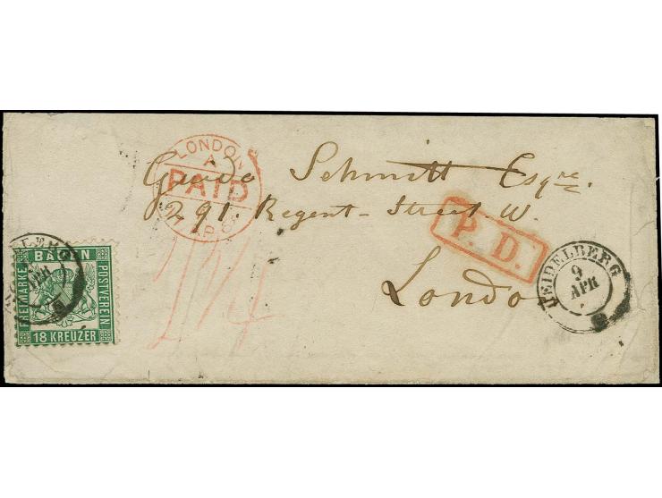 18 Kr. dunkelgrün, farbfrisch und einwandfrei gezähnt mit sauber auf- und nebengesetztem DKr. "HEIDELBERG 9 APR" (1868) auf B