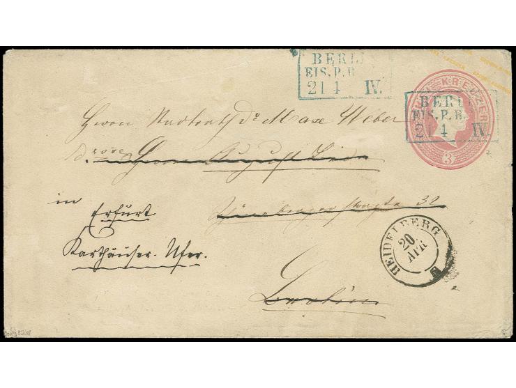 Ganzsachenumschlag 3 Kr. rosa mit sauberem preußischem Ra3 "BERLIN EIS. P.R. B.. 21 4 IV." von Heidelberg nach Berlin, dort w