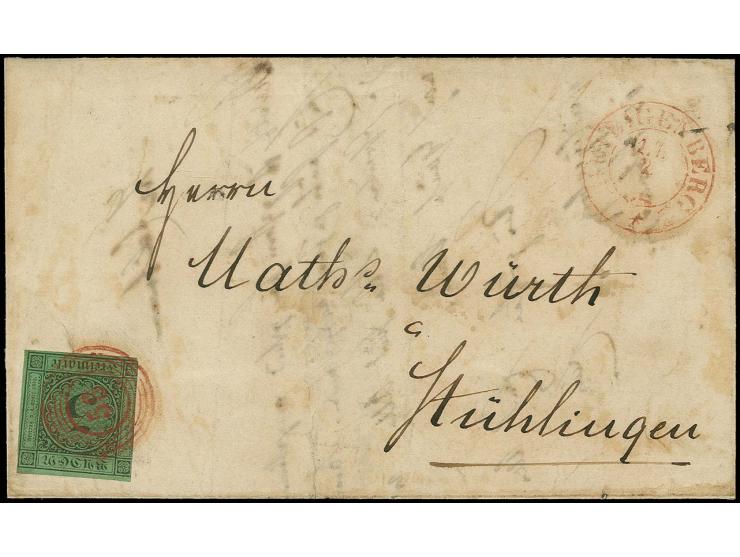 "58" in rot, klar auf 3 Kr. auf grün mit nebengesetztem ebenfalls rotem DKr. "HEILIGENBERG 1.7. 2" (1857) auf kpl. Faltbrief 
