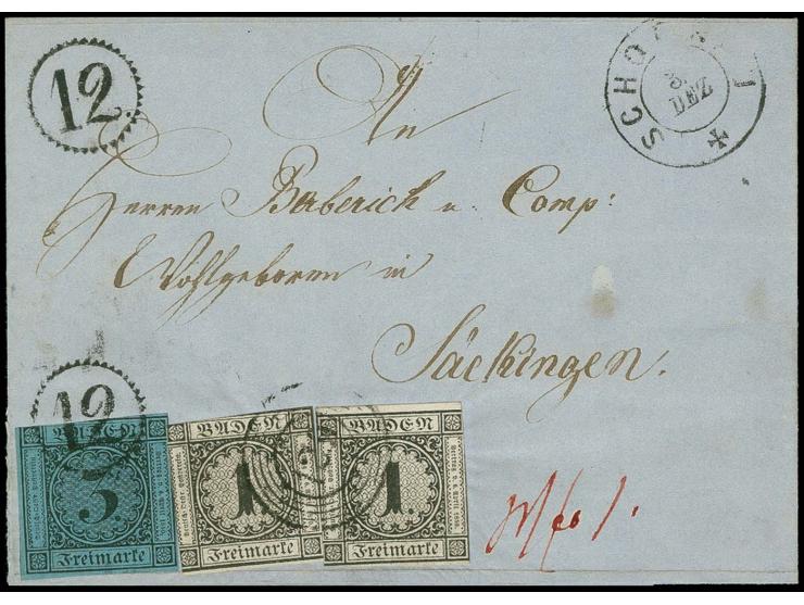 Uhrradstempel "12" mit großen Ziffern, die Sondertype von Wiedener Eck, klar übergehend auf 3 Kr. auf blau und zusätzlich sau