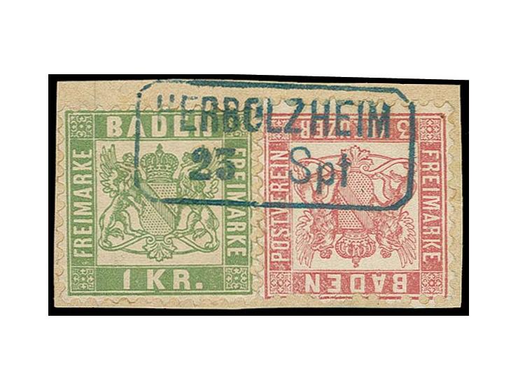 "HERBOLZHEIM 23 Spt", Ra2 in blau auf Briefstück mit 1862/66, 3 Kr. rosa und 1868, 1 Kr. grün, selten, sign. Unverferth