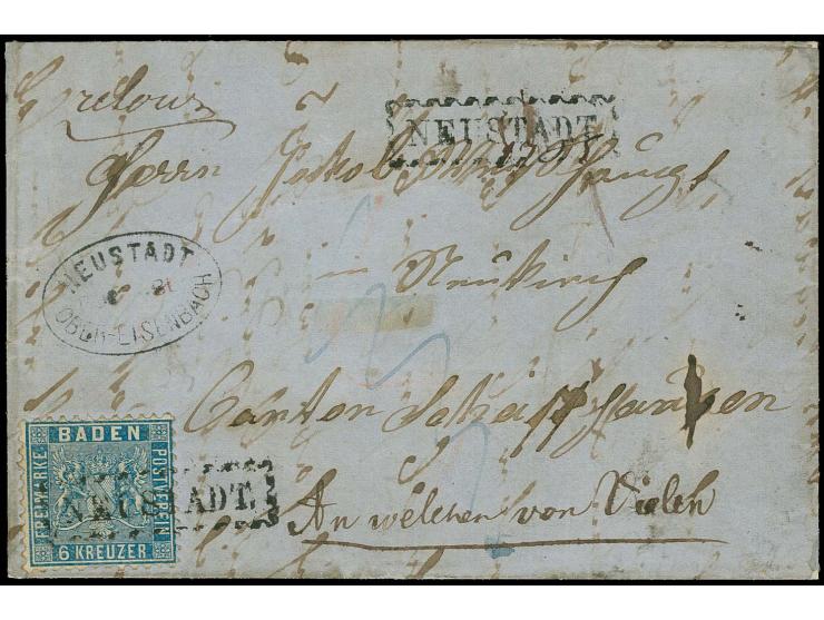 "NEUSTADT", Zier-Rahmenstempel in schwarz sauber auf 1862/63, 6 Kr. preußischblau und zusätzlich nebengesetzt auf kpl. Faltbr