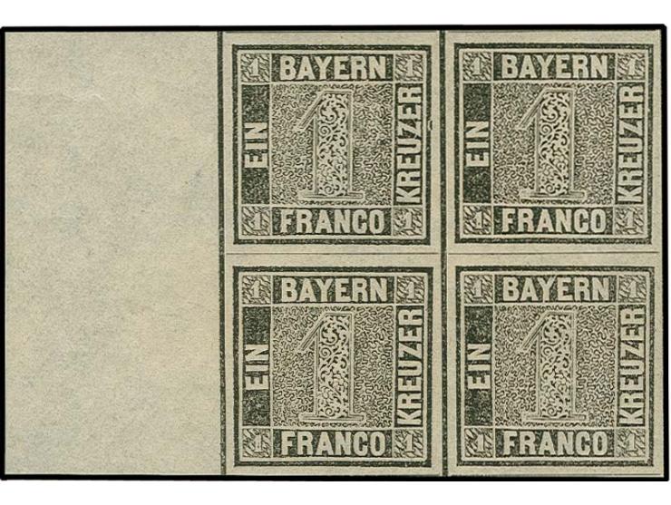 1 Kr. schwarz, Platte 1, Viererblock vom linken Bogenrand, allseits breitrandig mit ca. 22mm Bogenrand, postfrisch, durch das