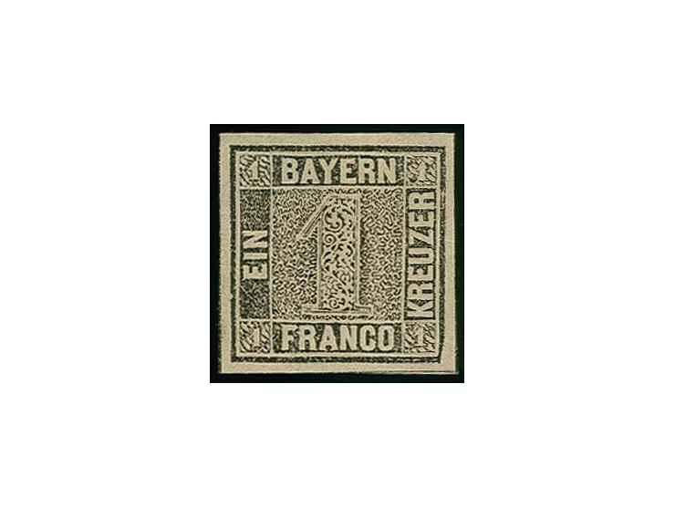 1 Kr. schwarz, Platte 1, mit markanter Abschrägung der rechten Randlinie unten, farbfrisch und allseits breitrandig, ungebrau