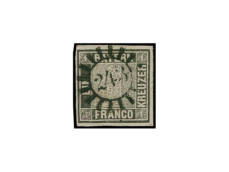 1 Kr. schwarz, allseits breitrandig, mit Teilen der Trennungslinien oben und rechts farbfrisch, mit gMR "243" NÜRNBERG, Kabin