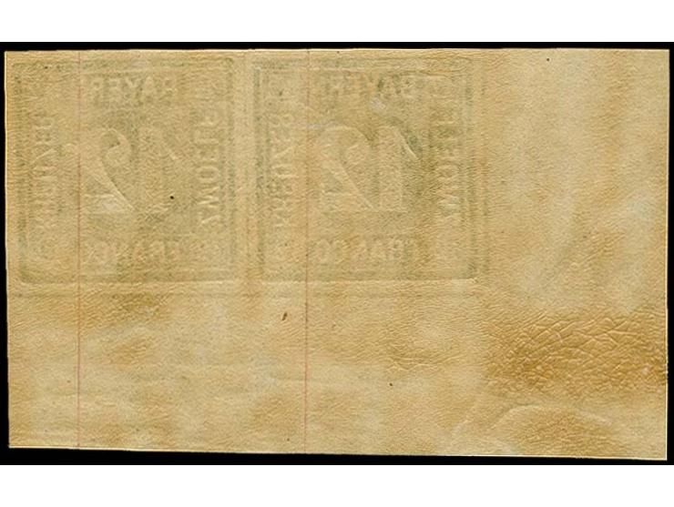 1862, 12 Kr. grün im waagerechten Paar, allseits breitrandig aus der linken unteren Bogenecke mit ca. 13:17 mm Bogenrand, ung